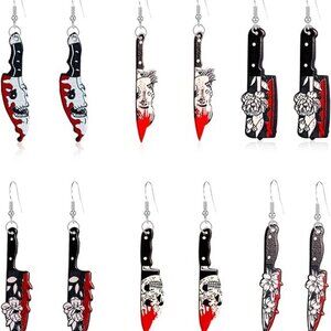 6 Pairs Punk Knife Dagger Drop‎ Dangle Set Gothic Acrylic Printed Knife Earring